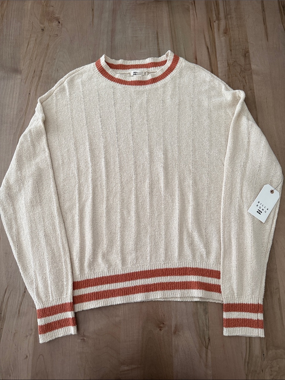Billabong Cream Crewneck Sweater with Rust Stripe Detail